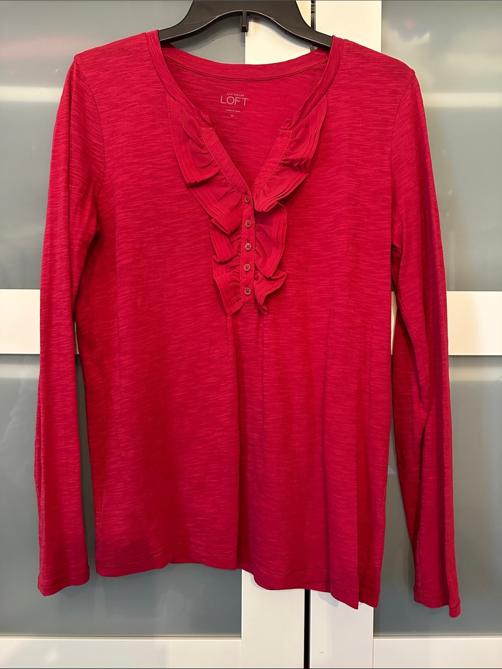 LOFT Long Sleeve Ruffle Henley Top - Dark Pink - Picture 1 of 1